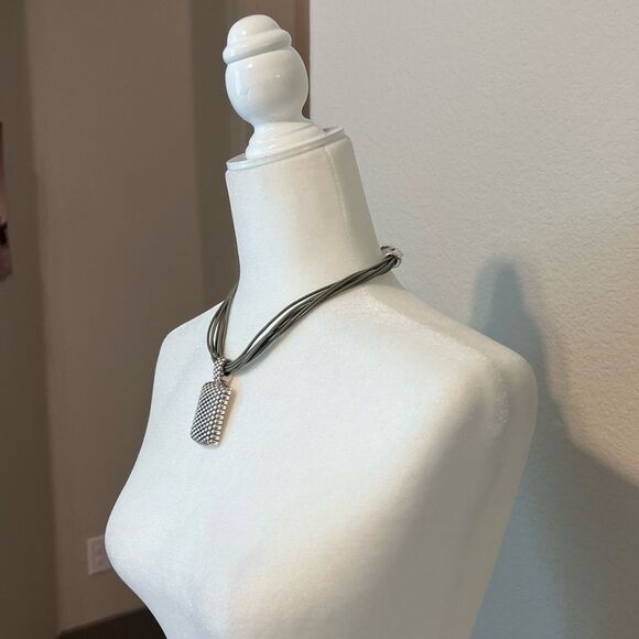 Artisan Olive Leather and Stamped Silver Pendant Necklace - Picture 8 of 15